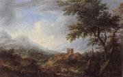 An extensive river landscape with drovers and travellers before a hill-top town, unknow artist